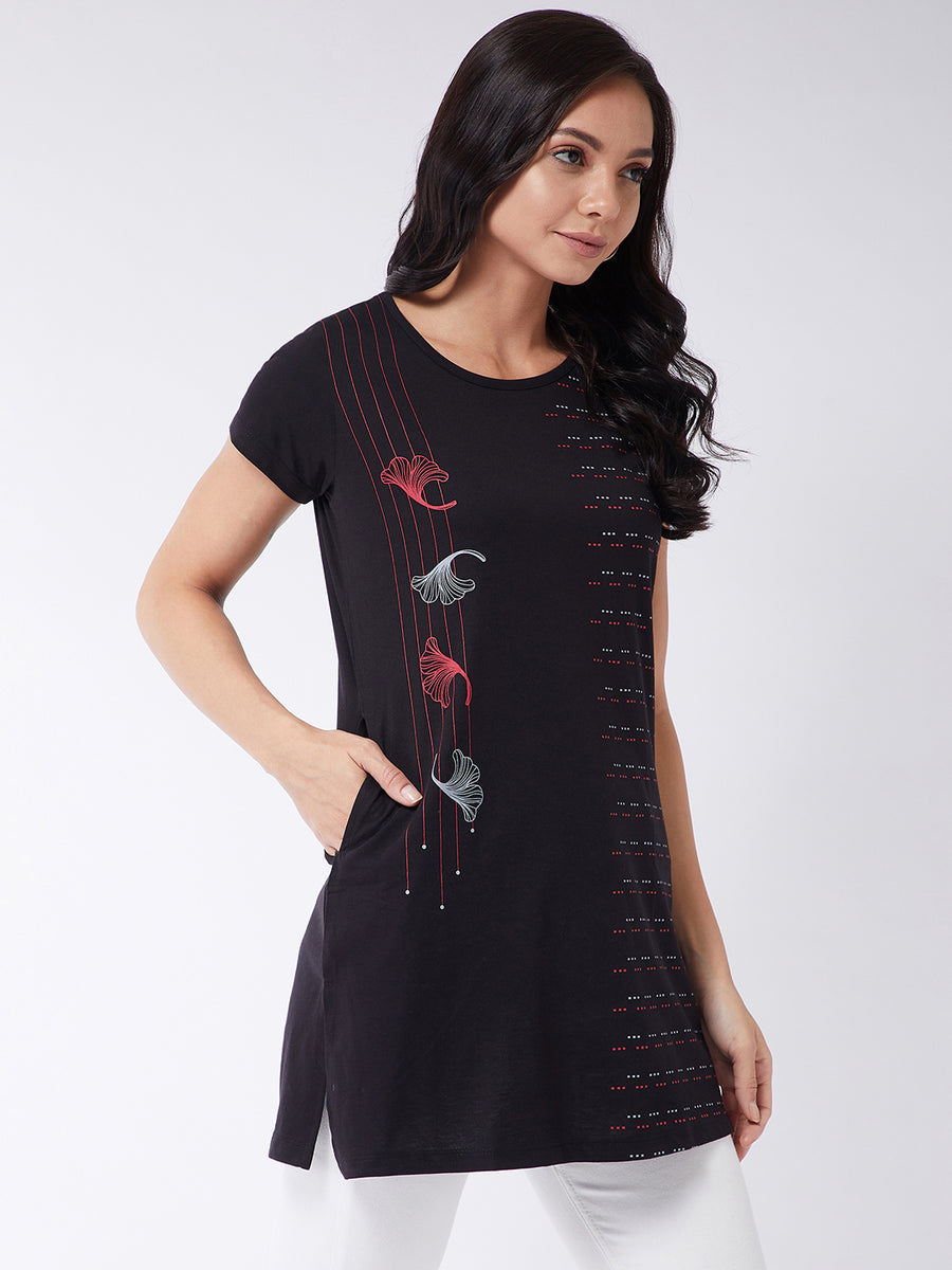 Modeve Women Black Printed Cotton Blend Long T-shirt for Summer