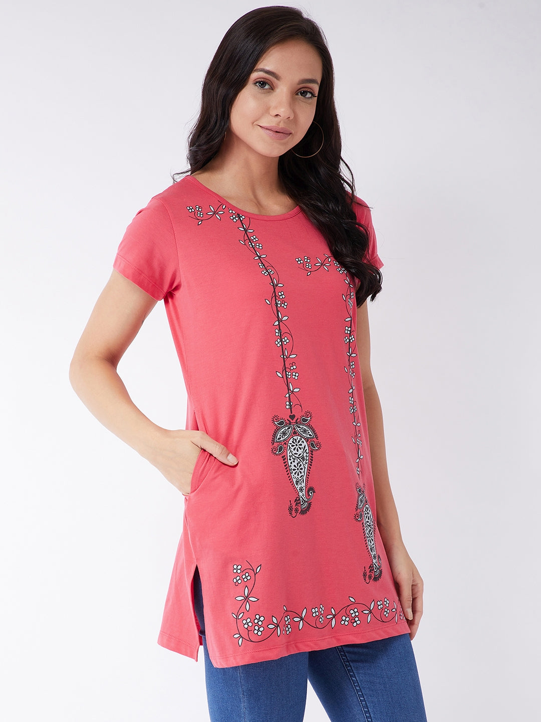 Modeve Women Coral Printed Cotton Blend Long T-shirt for Summer