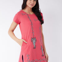 Modeve Women Coral Printed Cotton Blend Long T-shirt for Summer