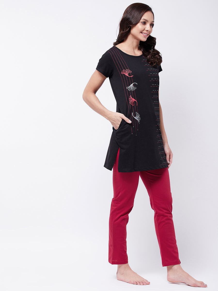 Modeve Women Printed Black and Magenta Night Suit