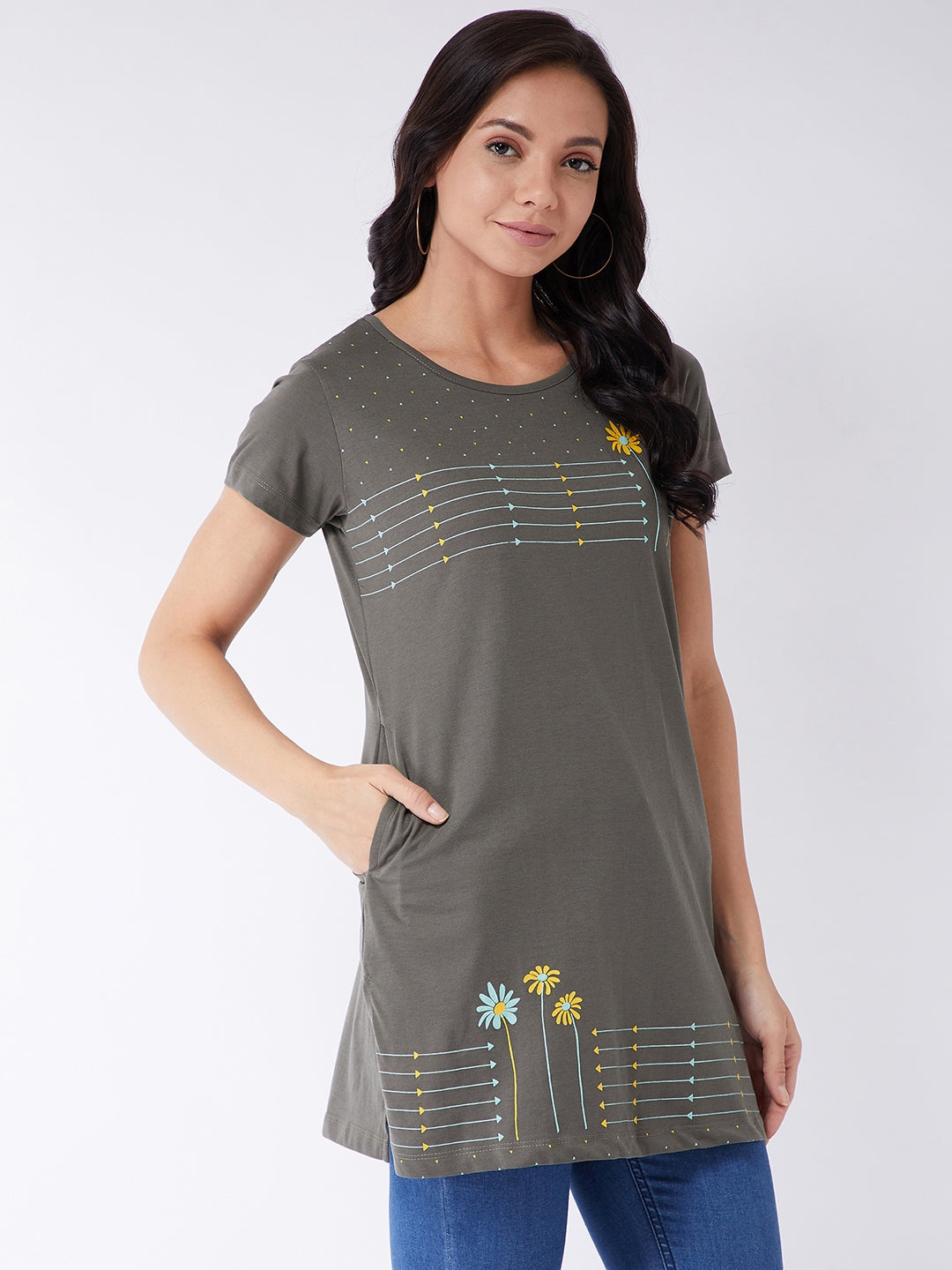 Modeve Women Cement Grey Printed Cotton Blend Long T-shirt for Summer