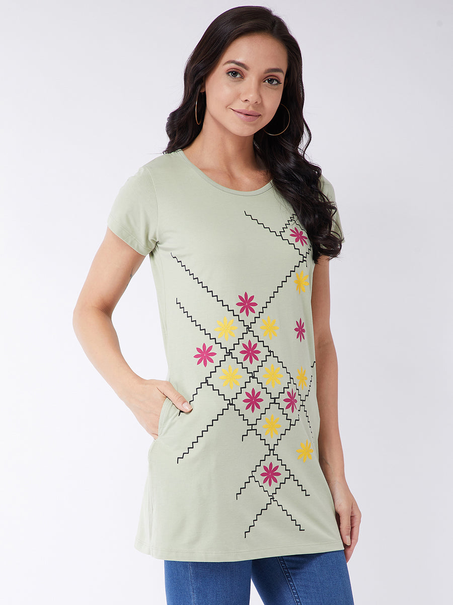 Modeve Women Pista Printed Cotton Blend Long T-shirt for Summer