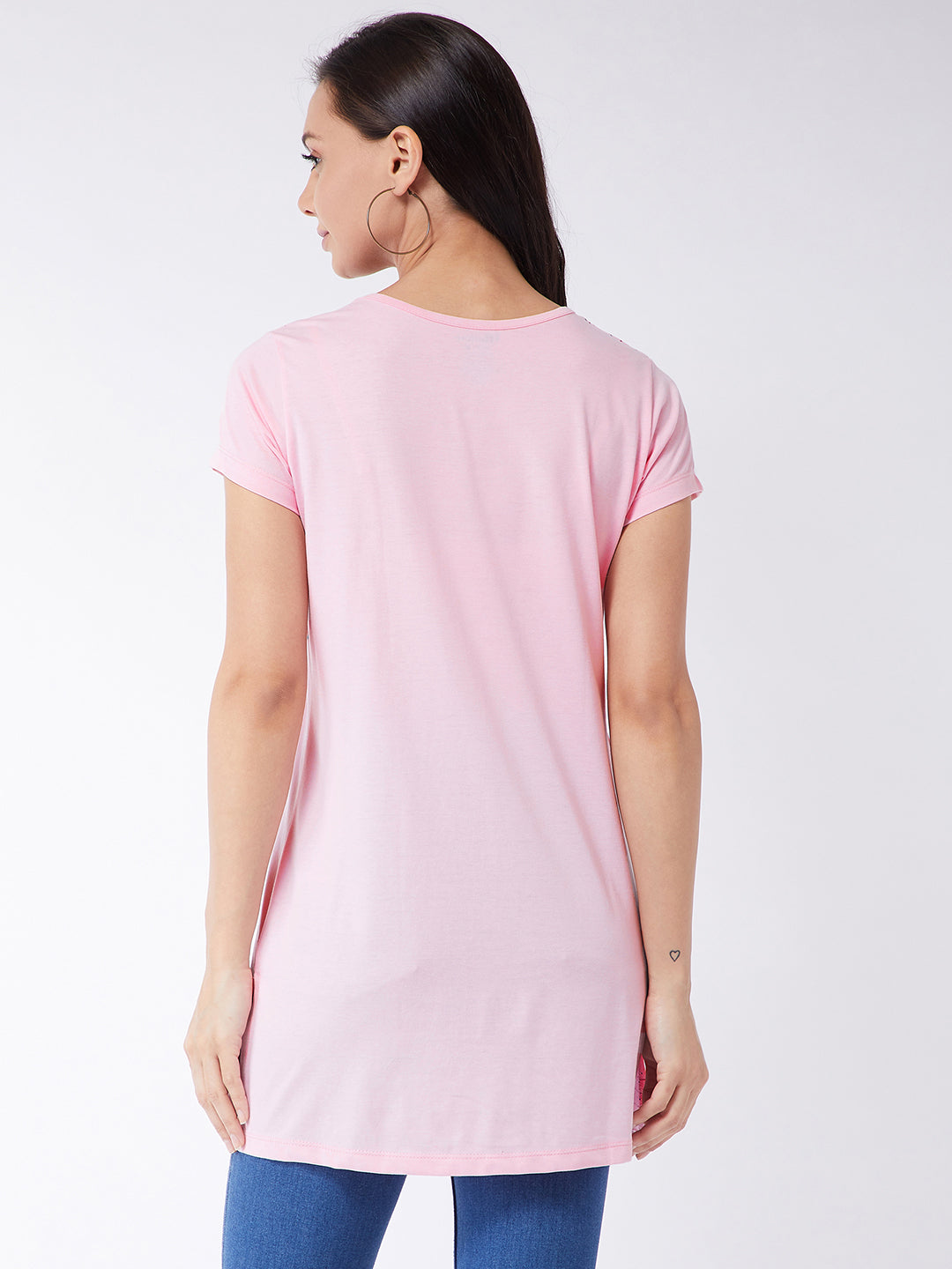 Modeve Women Light Pink Printed Cotton Blend Long T-shirt for Summer