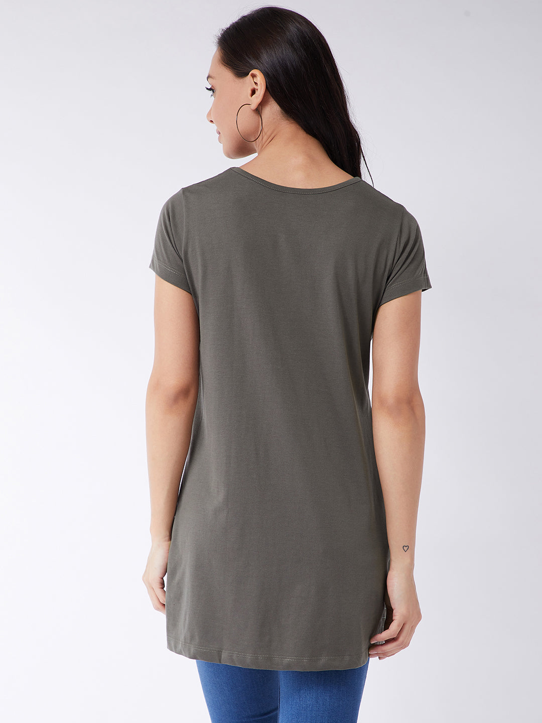 Modeve Women Cement Grey Printed Cotton Blend Long T-shirt for Summer