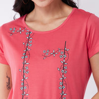 Modeve Women Coral Printed Cotton Blend Long T-shirt for Summer