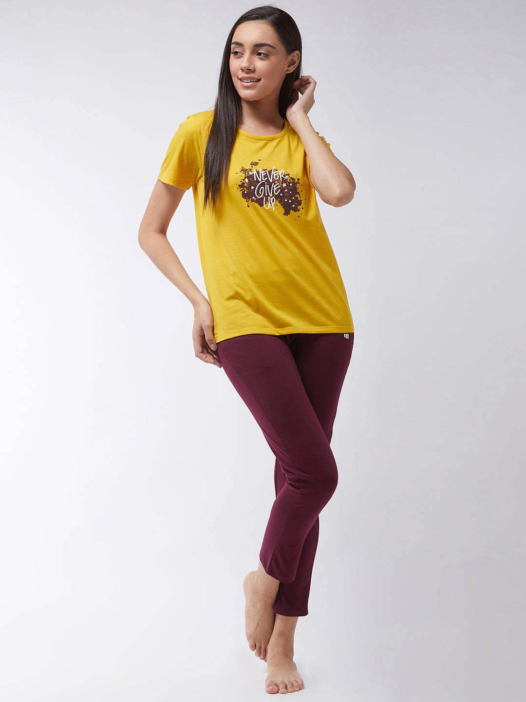 Modeve Women  Printed Mustard and Wine Night Suit