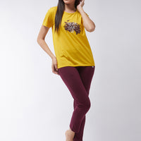 Modeve Women  Printed Mustard and Wine Night Suit